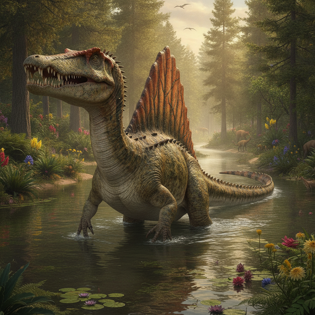 Ricostruzione iperrealistica di Spinosaurus aegyptianus in un ambiente fluviale del Cretaceo con vegetazione lussureggiante