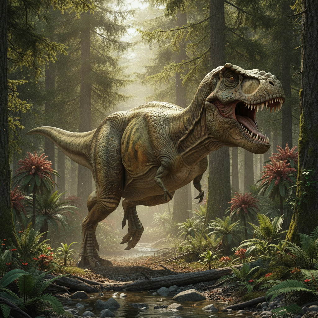 Raffigurazione iperrealistica di un Tyrannosaurus rex nel suo habitat naturale con dettagli anatomici e biomeccanici