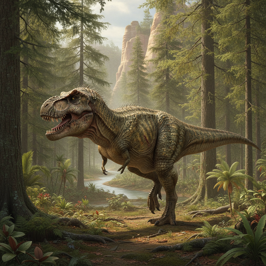 Ricostruzione iperrealistica di un Tyrannosaurus rex nel Cretaceo superiore con dettagli di pelle e ambiente naturale