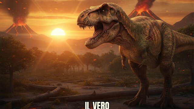 Ricostruzione iperrealistica di Tyrannosaurus rex in un ambiente naturale del Cretaceo con dettagli cutanei intricati