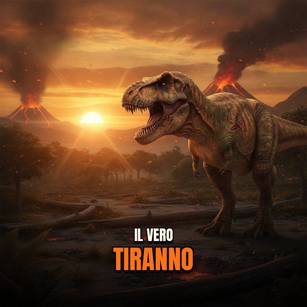 Ricostruzione iperrealistica di Tyrannosaurus rex in un ambiente naturale del Cretaceo con dettagli cutanei intricati