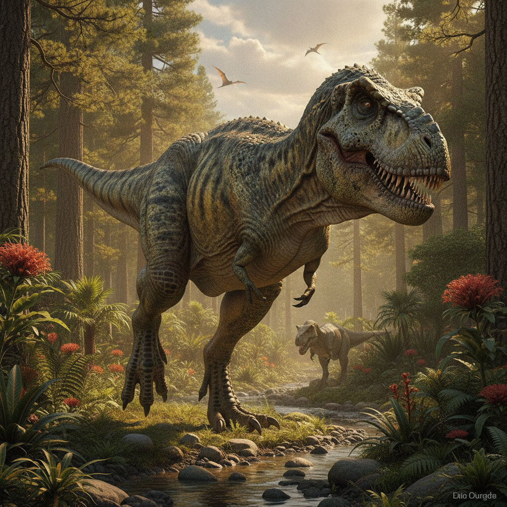 Ricostruzione iperrealistica di Tyrannosaurus rex nel suo ambiente naturale con dettagli anatomici e texture della pelle