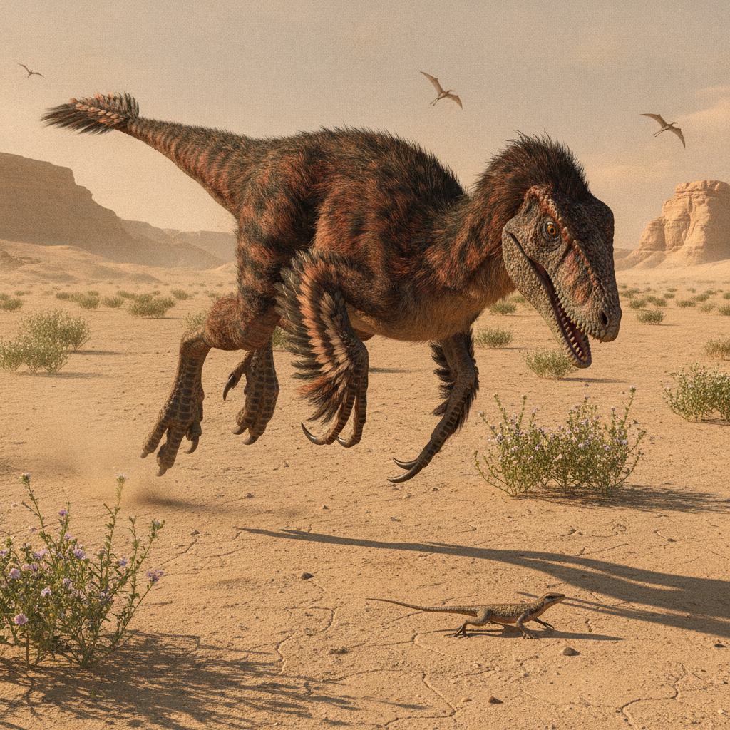 Ricostruzione iperrealistica di un Velociraptor mongoliensis nel suo habitat naturale con dettagli anatomici precisi