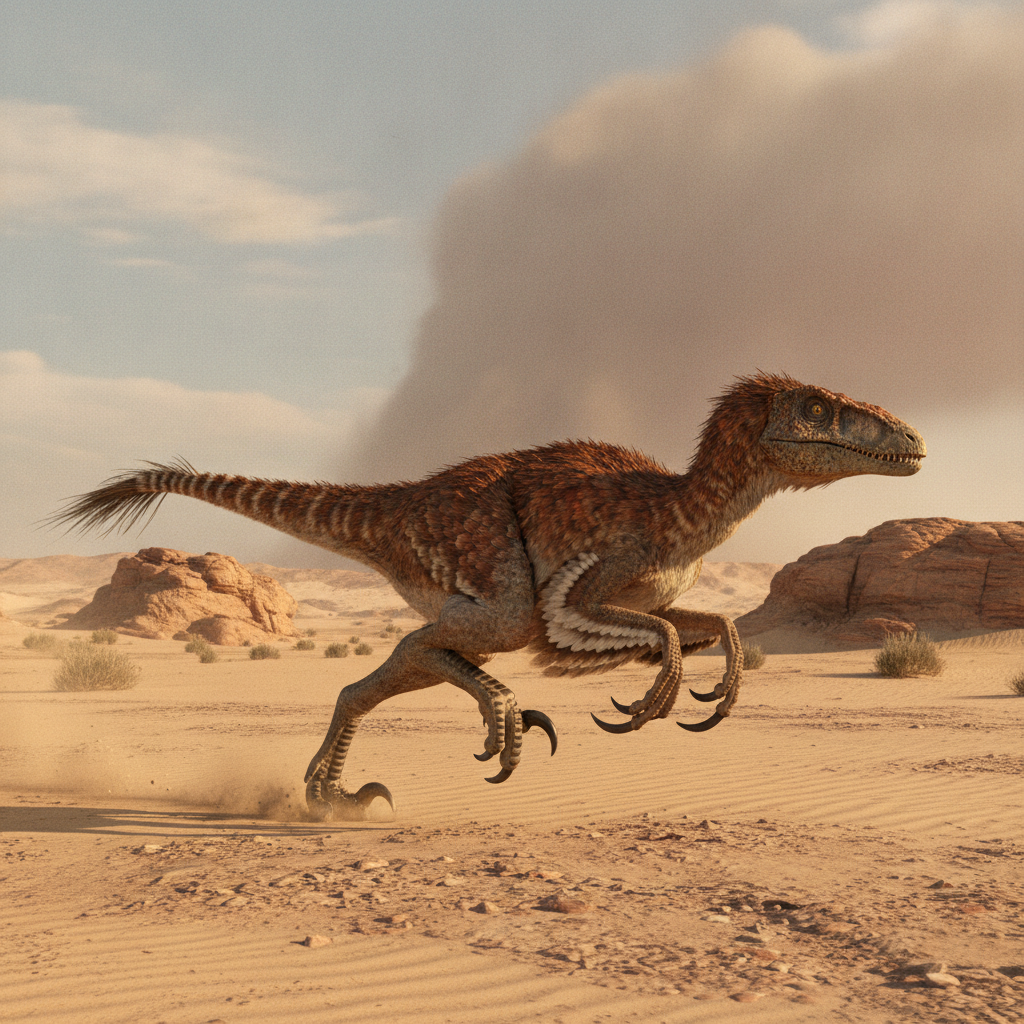 Ricostruzione iperrealistica del Velociraptor mongoliensis nel suo habitat desertico durante il Cretaceo