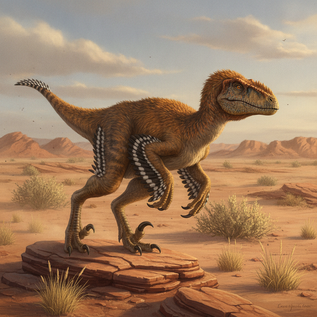 Ricostruzione paleoartistica del Velociraptor mongoliensis in un ambiente desertico del Cretaceo con dettagli realistici
