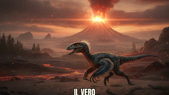 Velociraptor mongoliensis in una scena preistorica con dettagli realistici della pelle e ambiente naturale