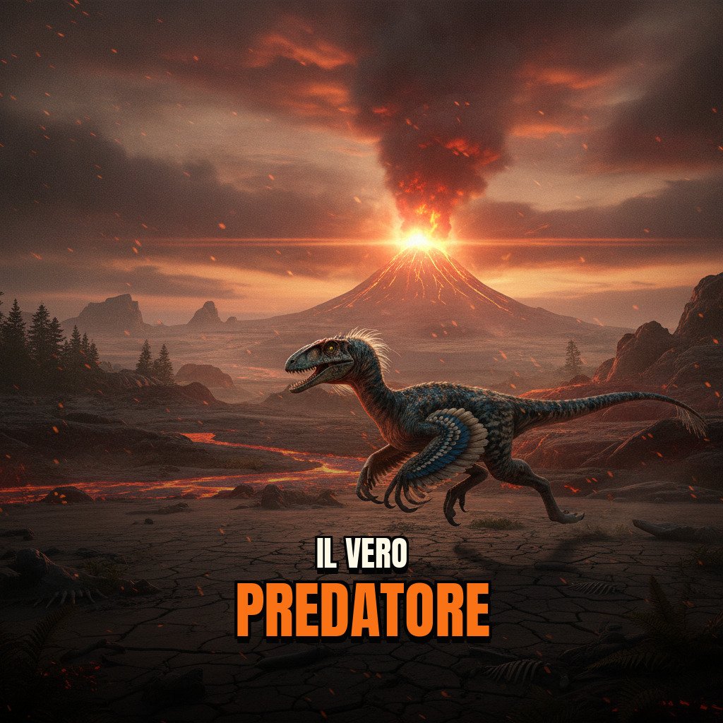 Velociraptor mongoliensis in una scena preistorica con dettagli realistici della pelle e ambiente naturale